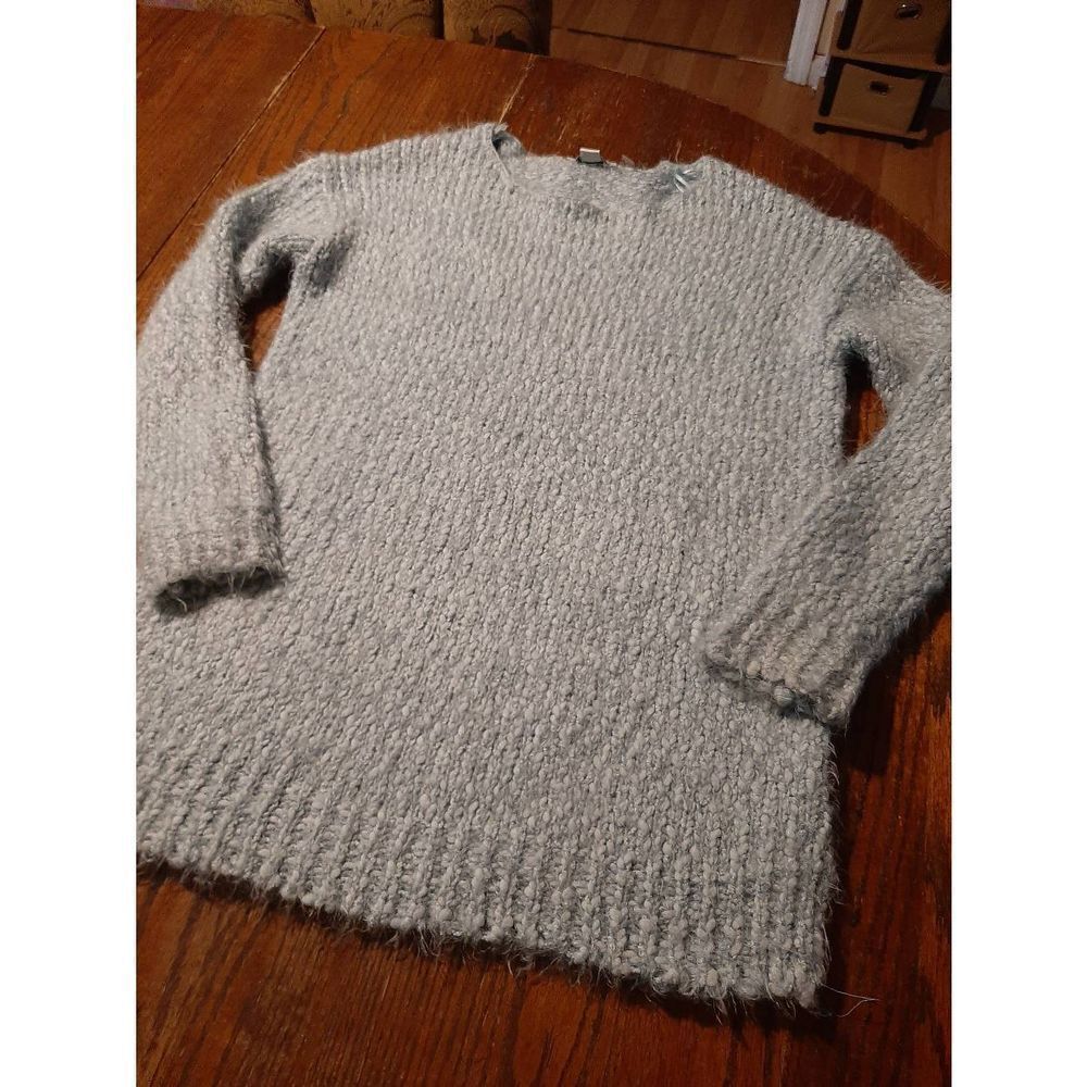 Sz 8/10 Simply Noelle Blue Long Sleeve Round Neck Shaggy Knit Sweater Side Slits